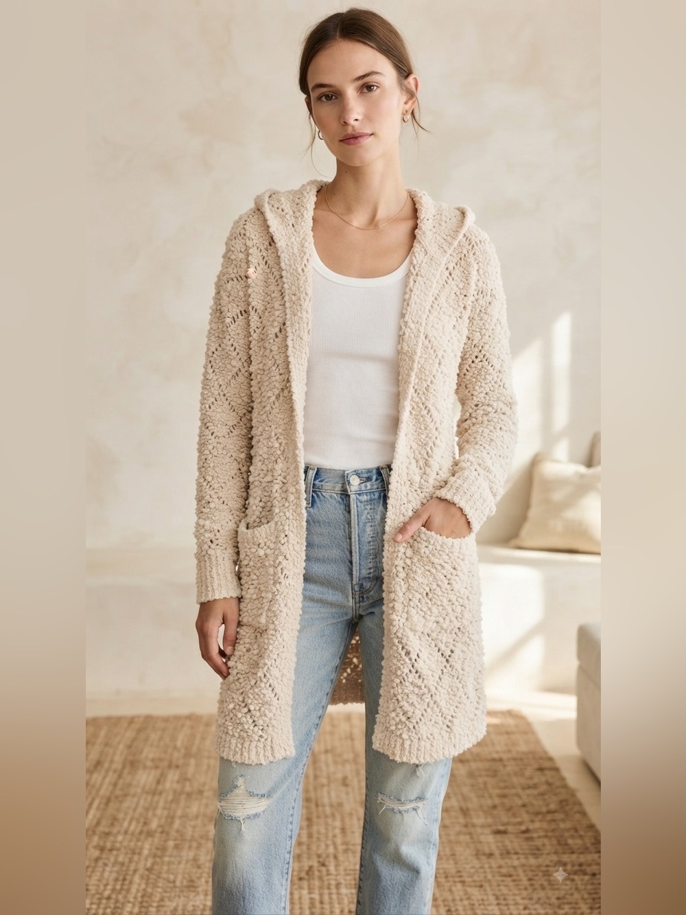 ☁️✨ Sienna Sky Hooded Textured Knit Cardigan | XS  🤍